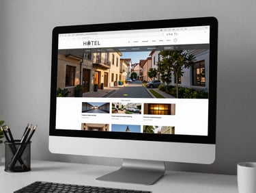 Environmental shot of a sleek website interface displayed on a desktop monitor in an organized workspace, even controlled studio lighting, hotel property gallery and booking module visible on screen, sharp interface detail at mid-range, no people, clean surface
