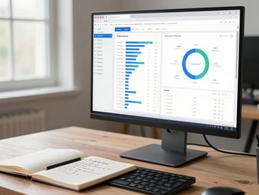 Wide workspace shot showing a monitor with a post-launch analytics report open — clean interface, organized desk, a notebook open to handwritten performance notes beside the keyboard, north-facing daylight