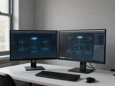 Wide environmental shot of a dual-monitor workstation displaying a CRM architecture wireframe — clean desk, muted walls, even daylight from a left-side window, no people in frame