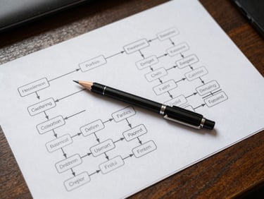 Close overhead view of an organized desk surface — a printed workflow diagram with annotated nodes and arrows, a mechanical pencil resting across it, under flat north-facing studio light with no shadows