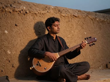 A Baul singer's ektara resting against a mud wall at dusk, the single string catching low amber light, a hand just entering frame from the left, the wall's texture warm and worn