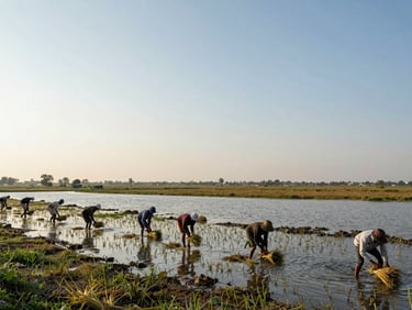 Panoramic view of haor wetland at midday, farmers harvesting crops at the water's edge, wide sky, natural golden-hour light from left, figures small in the landscape