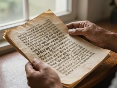 Close-up of worn hands holding a yellowed manuscript page, natural north-facing window light falling across the paper, the texture of aged Bengali script visible, a wooden desk edge in the lower frame