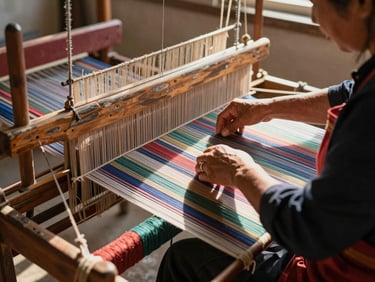 A woman weaving on a traditional loom indoors, afternoon north-facing daylight, hands mid-motion over coloured threads, detail of worn wooden frame visible