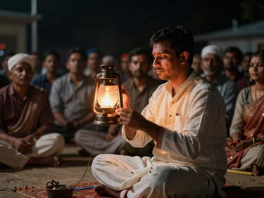 Night scene at a Baul singer's gathering, oil lamp light on a performer's face in concentration, instrument in hand, listeners seated in the background, intimate and unposed