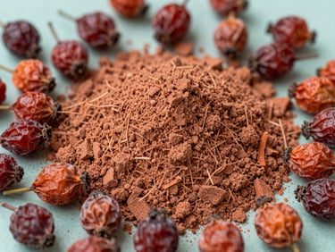 Close-up of dried Rosa Canina rosehip berries and powder, organic texture, cold northern daylight, soft rosehip terracotta tones.