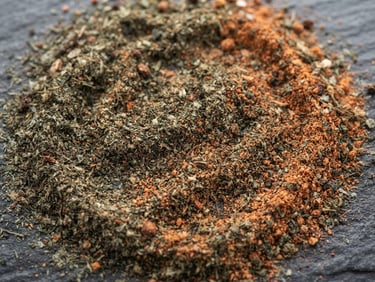 Close-up of dried Ascophyllum Nodosum seaweed powder mixed with dried Rosa Canina rosehip powder on a dark, textured surface, cold northern daylight, macro details, desaturated sea green and terracotta tones.