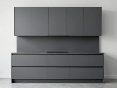 Straight-on architectural elevation of a completed minimalist kitchen with deep slate gray cabinets, showing perfectly uniform surfaces under clean clinical lighting.