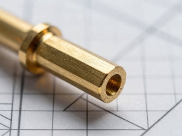 Microscopic view of a clean burr-free cut edge on a brass micro-component, technical blueprint grid overlay