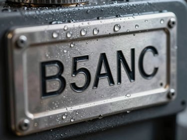 Extreme macro shot of an etched stainless steel nameplate on industrial machinery, water droplets on the metallic surface, cool high-contrast lighting highlighting the deep-etched black filled lettering.