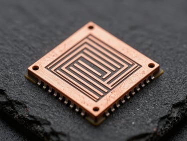 Macro photography of microscopic copper PCB traces, perfectly defined burr-free edges, high-contrast slate background.