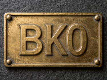 Close-up of an industrial brass nameplate with deeply etched technical lettering, weathered but highly legible, dark slate background.