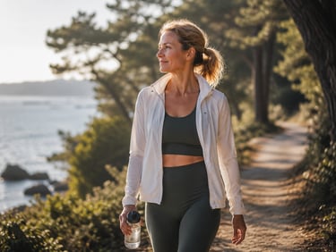 Femme marchant activement sur un sentier du Golfe du Morbihan avec bouteille d’eau en mode récupération de l'effort