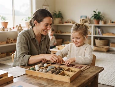 A child and an educator interacting warmly over tactile learning tools in a sunlit, calm classroom, soft diffused daylight, muted earth tones, gentle focus, intimate eye-level perspective.