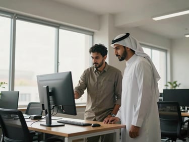 Wide environmental shot of two Arabic-speaking colleagues standing at a standing desk reviewing analytics on a monitor together, bright open-plan office with natural light from large windows behind them, warm neutral interior, faces turned toward screen not camera