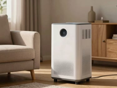 A quiet oxygen concentrator sitting discreetly beside a comfortable armchair in a warm living room, soft afternoon light.