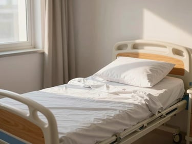 Intimate mid-range view of a neatly made low-profile hospital bed with warm wooden headboards, soft natural morning light streaming through a nearby window, peaceful home setting.