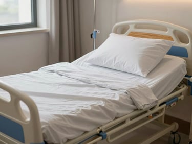 Close-up of a clean, modern home hospital bed with soft linens, warm wooden accents, soft window lighting.