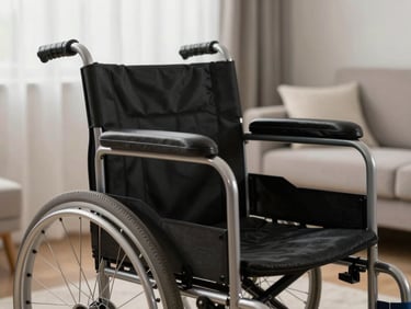 A high-back supportive patient wheelchair with clean, padded armrests, positioned in a softly lit, peaceful room.