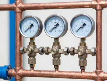 Close-up of clean copper pipework with pressure gauges, bright daylight, sharp focus on technical details, professional blue and red tones, 35mm