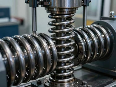 Extreme close-up of a massive industrial spring under compression testing machine, high-contrast lighting on metallic coils, hydraulic press visible, raw steel texture