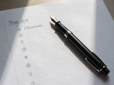 Tight overhead shot of a financial document on a pale linen surface — handwritten annotations in the margin, a fountain pen resting diagonally across the page, daylight from a nearby window casting a soft shadow