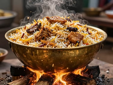 Close-up of a massive brass uruli vessel steaming with fresh biryani over a glowing wood fire, warm golden sparks, outdoor kitchen setup in Tamil Nadu