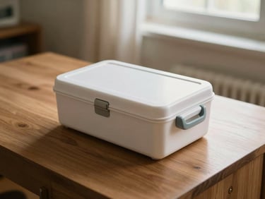 A clean medical device box on a wooden table in a warm domestic room, soft morning light