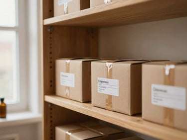 A volunteer organizing medicine boxes on a clean shelf, warm lighting, rich organic tones