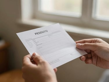 Close-up of hands gently holding a medical prescription paper, warm natural light, shallow depth of field