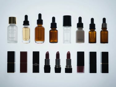 Tight overhead shot of skincare serums and lipstick tubes arranged in a precise row on a white seamless studio backdrop, cool LED lighting, no reflections