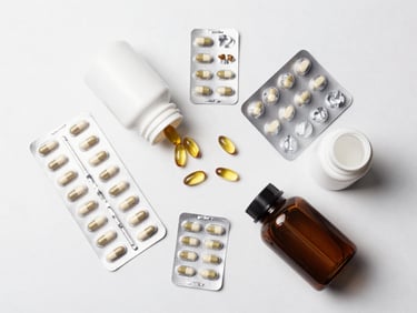 Overhead flat-lay of vitamin supplement bottles and capsule blister packs arranged on a white seamless surface, studio strobe lighting, clean white background, no shadows