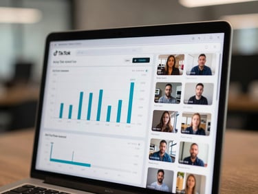 Laptop screen showing a TikTok analytics dashboard with bar chart GMV data and video thumbnails in a grid, cool office lighting, close crop on screen, no reflections