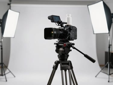 Studio filming setup, camera on tripod aimed at a supplement bottle on white seamless, neutral LED lighting, equipment cables visible on floor, no people, clinical production environment