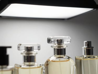 Extreme close-up of perfume bottles with glass stoppers on a white seamless studio surface, studio strobe from above, sharp product detail, no lifestyle props