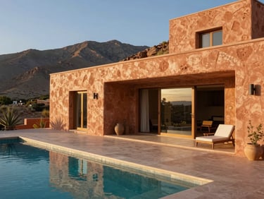 Villa moderne avec piscine à débordement donnant sur les montagnes de l'Atlas, architecture géométrique, couleurs terreuses, ciel bleu clair.
