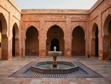 Patio intérieur d'un riad à Marrakech, fontaine centrale, carreaux de zellige, lumière du soleil filtrant à travers un toit ouvert, ambiance sereine.