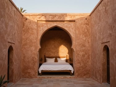 Chambre d'hôte élégante dans un riad à Fès, murs en tadelakt, lit à baldaquin, lumière douce, détails artisanaux.