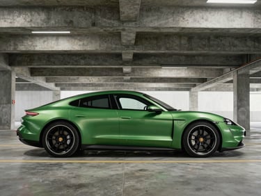 Satin metallic green Taycan parked in a brutalist concrete garage, sharp linear overhead reflections, wide heroic profile.