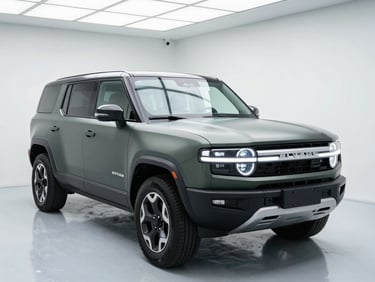 Matte finish Rivian R1S SUV in a clinical white dust-free workshop bay, bright overhead LED light panels reflecting off the hood.
