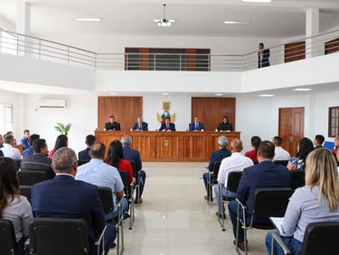 Wide environmental shot of citizens seated in a bright, modern municipal assembly room in Yauco.