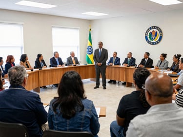 Medium shot of a community town hall meeting with local citizens and municipal representatives, bright natural indoor lighting