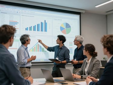 A group of international and local researchers reviewing complex data charts on a large screen in a modern conference room.
