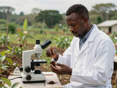 A Cameroonian agronomist in a white lab coat analyzing soil core samples in an active field station, bright natural daylight, lush green vegetation of the Congo Basin in the background, sharp focus on the scientific instrumentation.