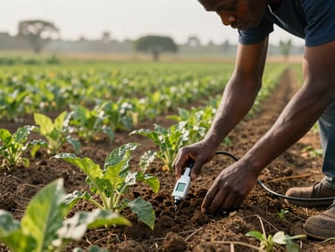 An agronomist measuring soil moisture with a digital probe in an active agricultural field in Cameroon, morning sun, lush green crops, clean focus