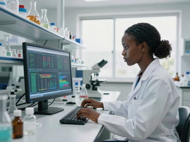 A bright, modern scientific laboratory in Yaoundé, Cameroon, where a female researcher in a white lab coat analyzes genomic data on a clean digital interface, natural light flooding the room.