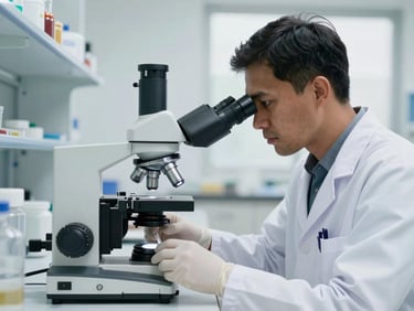 Epidemiological researcher analyzing samples under a modern microscope in a clean, bright Yaounde laboratory, clinical environment.