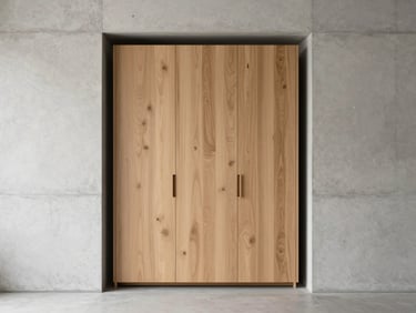 Straight-on architectural elevation of a floor-to-ceiling oak veneer wardrobe integrated perfectly into a concrete wall niche, soft natural daylight, minimalist interior design, 35mm lens