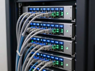 Close-up shot of neat server rack blinking blue and green LEDs, tidy ethernet cables, crisp technical photography, high-contrast modern tech aesthetic