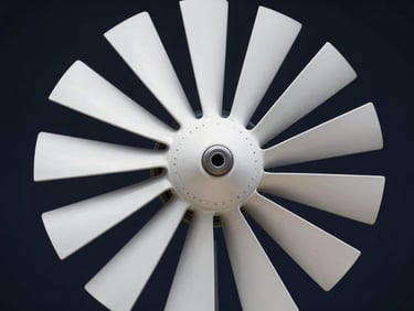 Sleek CAD-style technical render of a white spiral turbine blade, showcasing precise aerodynamic curves, high-contrast lighting, clean dark navy background.